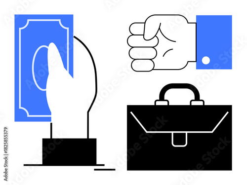 Hand holding money, a clenched fist expressing determination, and a business briefcase symbolizing employment, business, and transactions. Ideal for finance, trade, work, motivation leadership