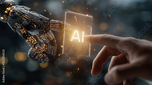 AI Human Hand Contact: An interaction between an AI robotic hand and a human hand, connected over the concept of artificial intelligence, digital innovation and future technology.