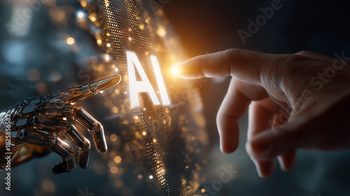 Digital Connection: A human hand gently touches the robotic hand of an AI entity, fostering a sense of connection and collaboration with the potential of artificial intelligence.