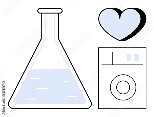 Laboratory flask with liquid, heart symbol, and washing machine illustrating innovation, technology, chemistry, sustainability, love, clean energy, and scientific empathy in a simple flat metaphor