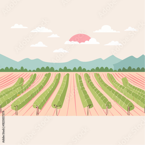 Vibrant Green Vineyard Rows Under a Soft Pink Sunset Sky with Distant Mountains and Fluffy Clouds