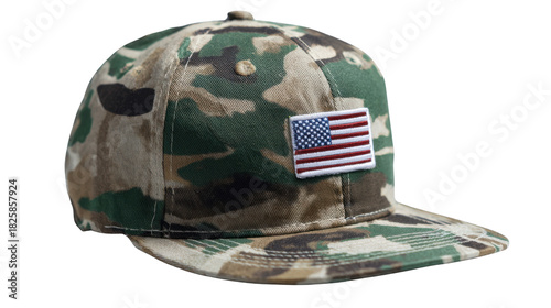 Camo Baseball Cap with American Flag Patch on White Background