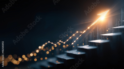 Stairway to Success: An upward trending financial graph ascends a staircase toward a radiant, goal-oriented light, symbolizing growth, progress, and ambition. 