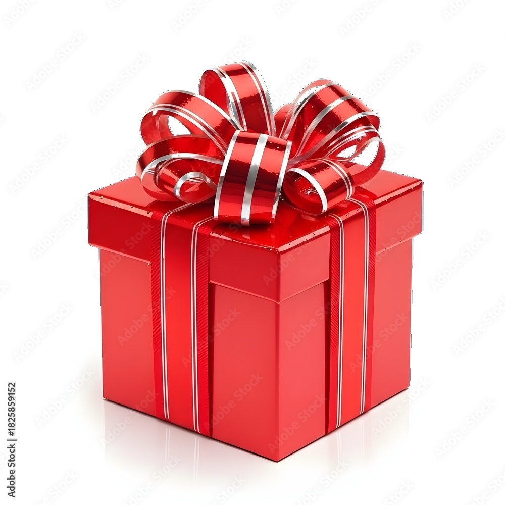 Obraz premium A red gift box with a large striped bow on top, set against a plain white background for Christmas or Happy New Year celebrations.