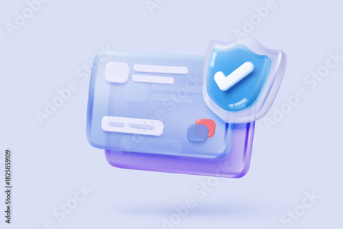 3D shield protection icon signs with credit card for online payment on white background concepts, user account for security with payment protection. 3d cursor icon vector render illustration
