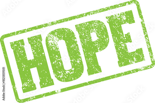 Vibrant green rubber stamp with a grunge effect featuring the inspiring word HOPE for optimism