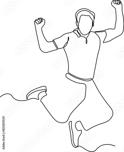 Happy Man Jumping in Victory Pose. Continuous Line Illustration of Success, Freedom, and Motivation