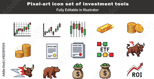 Pixel-art icon set of investment tools on white background in clean 2D flat vector design style