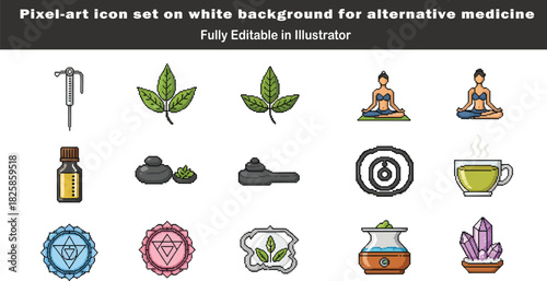 Pixel-art icon set for alternative medicine on white background in clean 2D flat vector illustration style