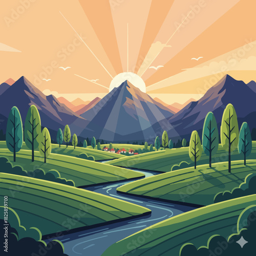 Peaceful Cartoon Village Landscape with Mountains and River, Idyllic Rural Valley Scenery Animated Background