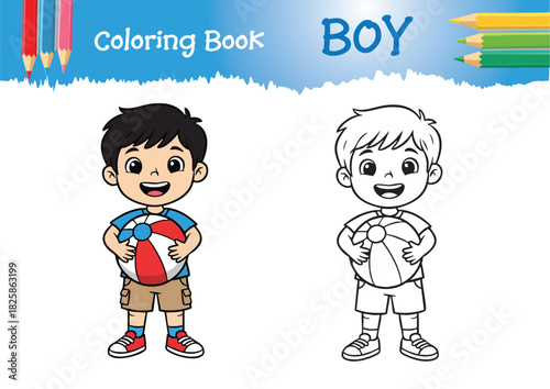 Boy holding ball coloring page outline with color vector