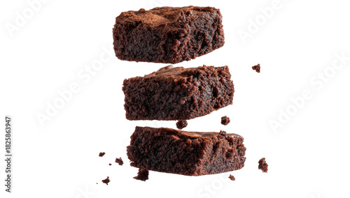Three stacked chocolate brownie squares floating with crumbs