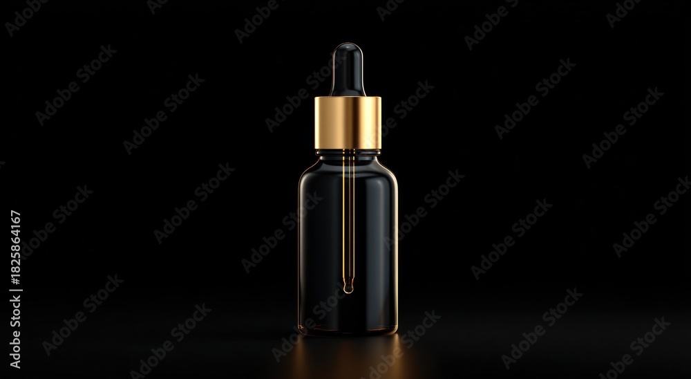 Fototapeta premium Black dropper bottle with gold accents against a dark background.