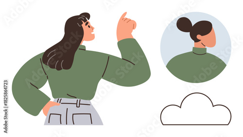 Woman in a green top pointing upward, circle frame showcasing a profile, and a cloud outline. Ideal for creativity, brainstorming, identity, self-expression, communication, innovation motivation