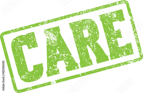 Distressed green rectangular ink stamp prominently displaying the word CARE for conceptual themes and service messaging