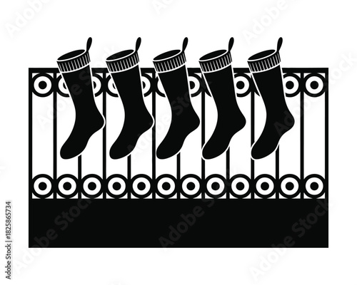 Christmas stockings silhouette hanging on decorative railing festive holiday vector design, A clean black silhouette illustration of Christmas stockings hanging along a decorative railing.