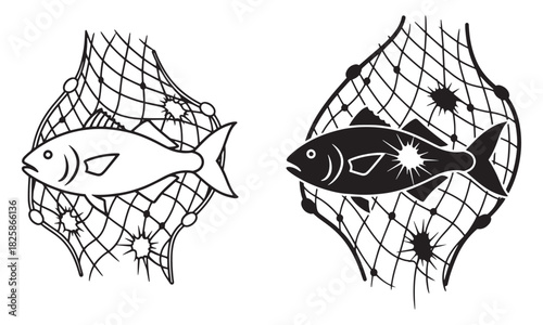 Ocean fish inside a broken net Icons symbolizing prevention of overfishing Vector