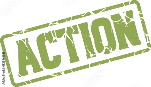 A distressed green rubber stamp showing the word ACTION in uppercase letters