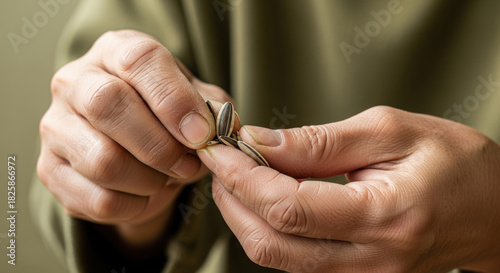 Closeup of adult hands carefully opening sunflower seed shells, peeling roasted seeds with focused fingers in calm domestic setting, mindful snacking and manual dexterity