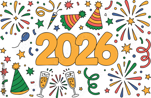 2026 New Year Vector Illustration with Fireworks and Confetti. Festive New Year 2026 Doodle Art with Streamers. Happy New Year 2026 Festive Banner Design. New Year's Eve 2026 Celebration Poster. 