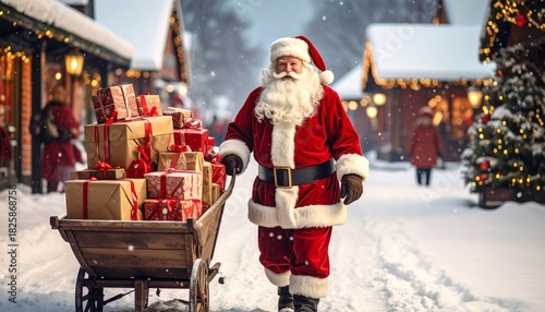 Santa clause carrying a big cart of Christmas gifts, walking in the Christmas town