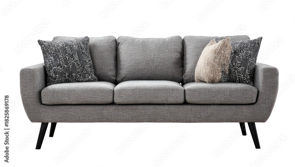 Fototapeta premium Modern gray sofa with decorative pillows and tapered legs