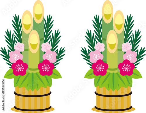 新年の縁起物、松竹梅をあしらった豪華な門松の和風イラスト