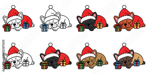 French Bulldog Puppy Sleeping Beside Christmas Gift Bag, Cute Santa-Style Holiday Character Drawn As Playful Cartoon Icon And Isolated Pet Symbol, Cozy Festive Doodle Artwork In Clean Vector Illustrat