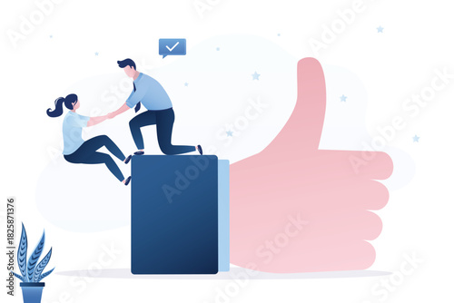 Reputation management. Businessman helping woman climb on to thumb up like, success steps to reach work achievement, ladder of success, self improvement or development,