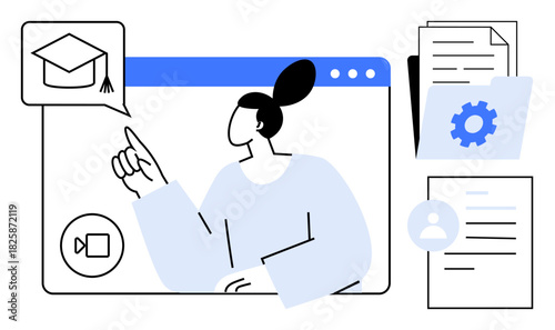 Person engaging with online education platform, graduation cap icon, video call button, documents, gear, and profile. Ideal for e-learning, training, digital tools virtual classrooms career growth