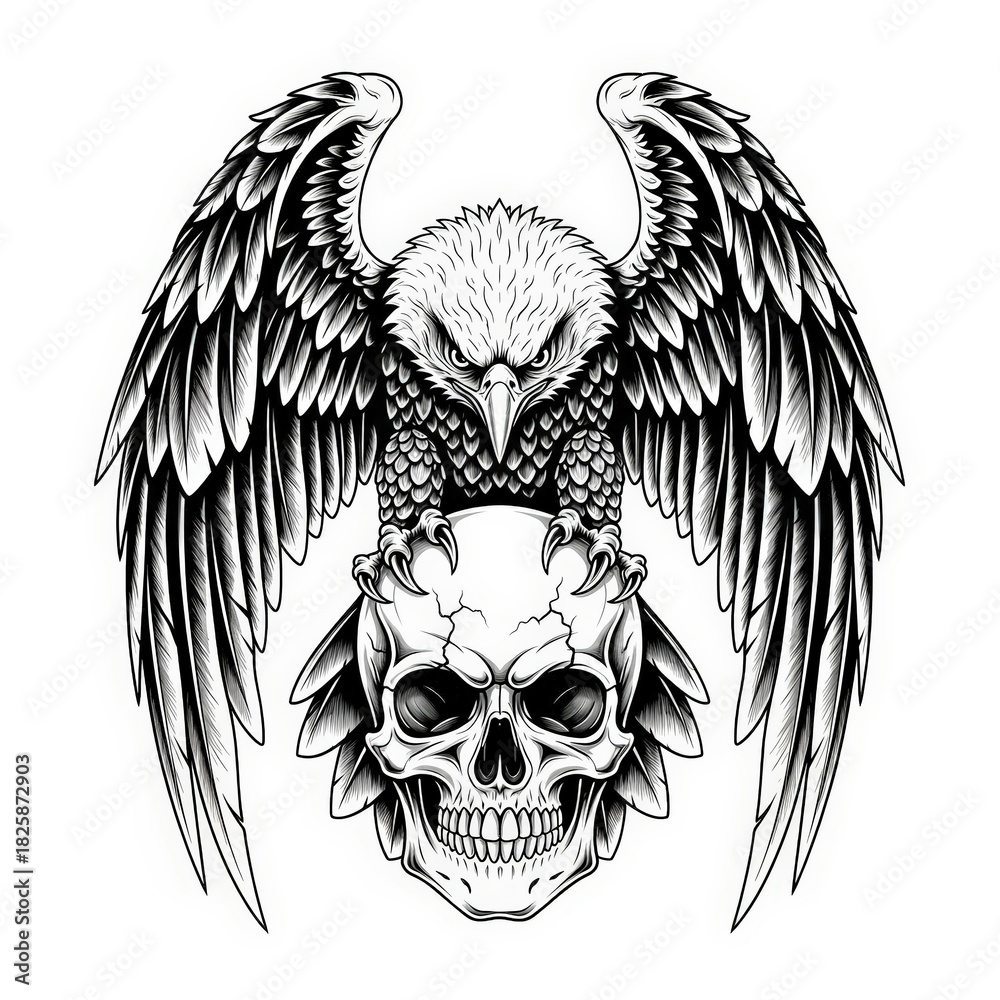 Obraz premium Fierce Eagle With Fully Spread Wings Gripping a Human Skull in Bold Detailed Black-White Artwork