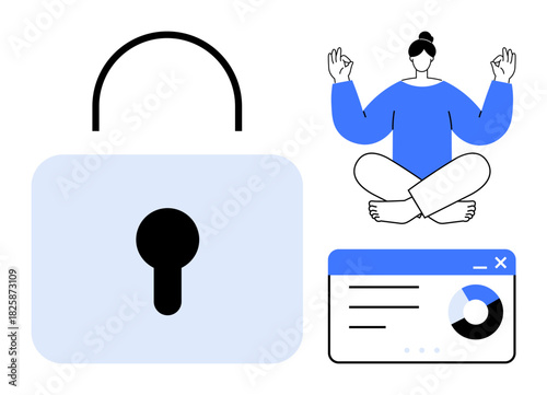 Large padlock symbolizing security, meditating person promoting mindfulness, data window for productivity. Ideal for tech privacy, online safety, work-life balance, mental health, wellness, focus