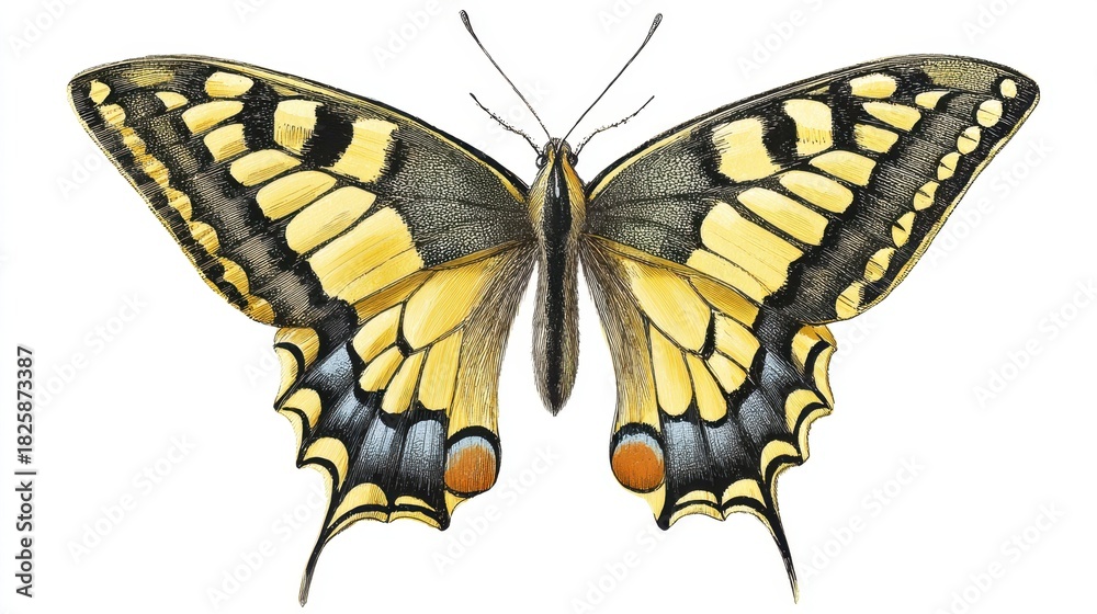 Fototapeta premium This majestic butterfly displays stunning yellow and black wings highlighting unique patterns. Its delicate features illustrate the beauty of nature's artistry and diversity.