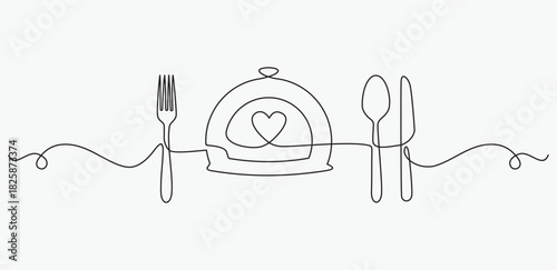 One continuous one line hand drawn plate, spoon,knife and fork Simple sketch design isolated on white background. outline Vector illustration