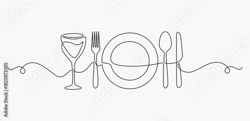 One continuous one line hand drawn plate, glass,spoon, knife and fork Simple sketch design isolated on white background. outline Vector illustration