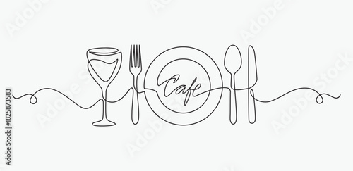 One continuous one line hand drawn cafe, plate, glass,spoon, knife and fork Simple sketch design isolated on white background. outline Vector illustration