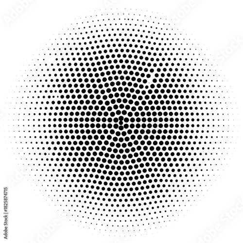 Abstract circular halftone pattern made of black dots on a white background, creating a modern graphic texture suitable for printing, branding, posters, and digital design