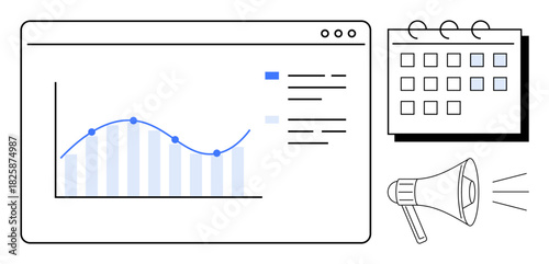 Graph on digital interface, calendar, megaphone representing data analysis, project planning, marketing, campaign management, teamwork, scheduling decision-making. Ideal for digital strategy
