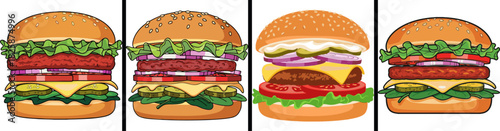Four delicious and visually appealing illustrations of hamburgers with various toppings and ingredients