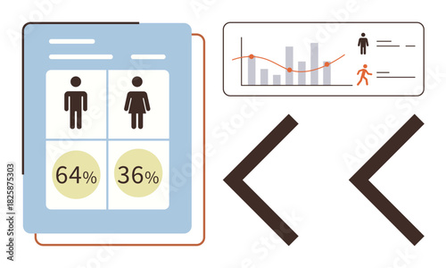 Gender representation summary with graphs, percentages, and comparison arrows. Ideal for demographics, surveys, trends, analytics, progress diversity and data reports. Simple flat metaphor
