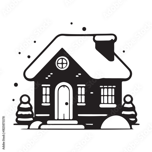 Minimalist winter house scene with chimney, snowdrifts, and simple tree shapes. Black and white vector illustration in cartoon style