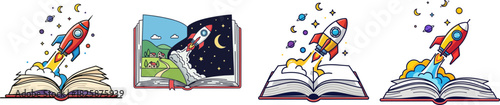 Rocket Launching from Books Exploring Stories and Knowledge, Education and Adventure Themes