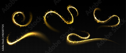 Twirl gold light streams with magical glow effects on dark transparent background. Elegant swirling energy patterns and golden sparkles. Abstract design with luminous curves and flowing particles.