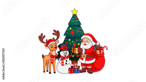 Happy Santa Claus cartoon character in red suit with a gift bag, isolated on a white background for Christmas and winter holiday greeting illustration