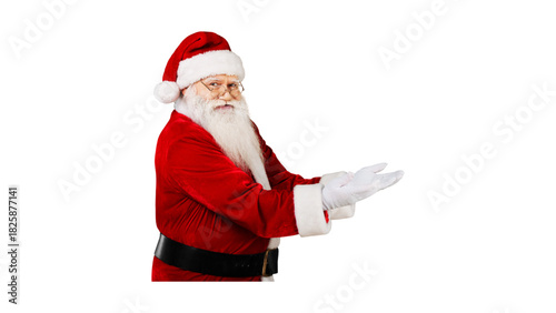 Happy Santa Claus cartoon character in red suit with a gift bag, isolated on a white background for Christmas and winter holiday greeting illustration