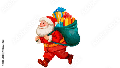 Happy Santa Claus cartoon character in red suit with a gift bag, isolated on a white background for Christmas and winter holiday greeting illustration
