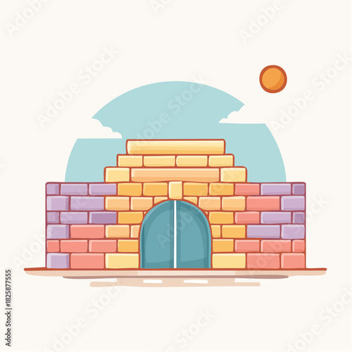 Ancient Stone Structure With Teal Double Doors And A Yellow Sun In A Light Blue Sky With White Clouds