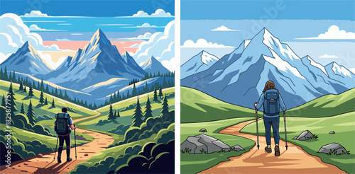 Scenic Mountain Trail Adventure with Hikers Enjoying a Panoramic Landscape