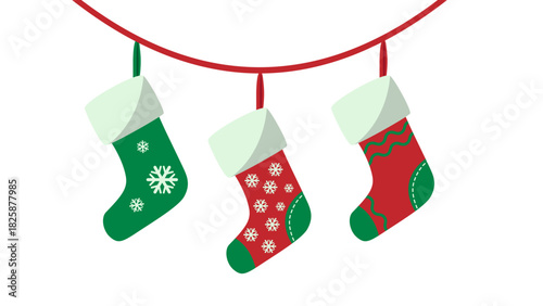 Christmas socks and stockings hanging on a clothesline, festive winter holiday decoration vector illustration