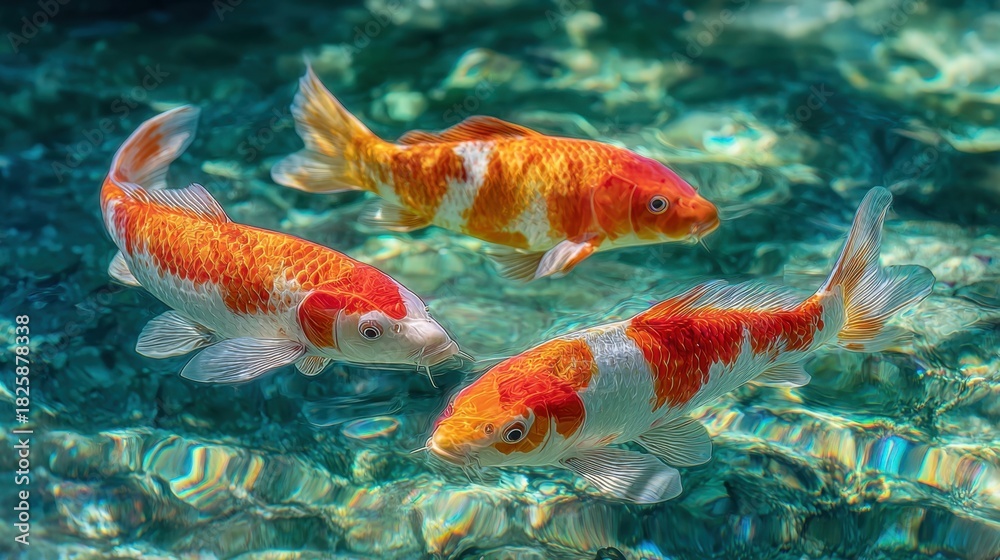 Naklejka premium Three vibrant koi fish swim in clear blue water their scales shimmering under sunlight. The scene captures the tranquil beauty of aquatic life in a serene setting.